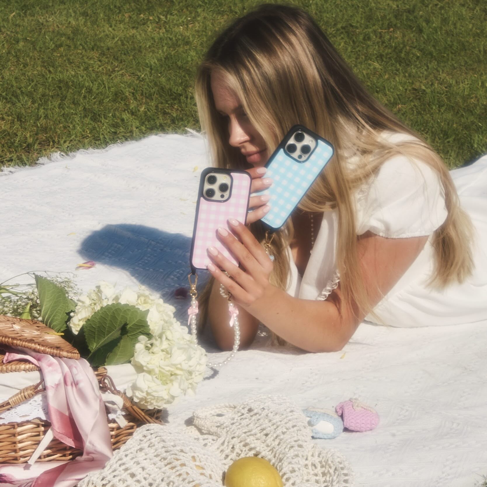 Gingham Darling Phone Wristlet Set Powder Blue