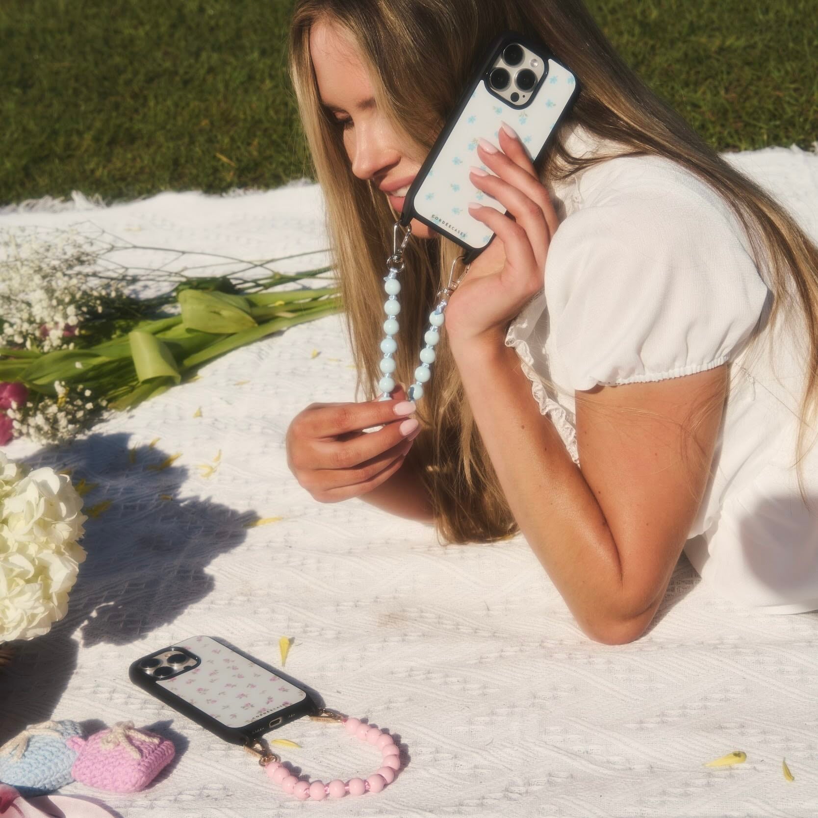 Peony Picnic Phone Wristlet Set Powder Blue