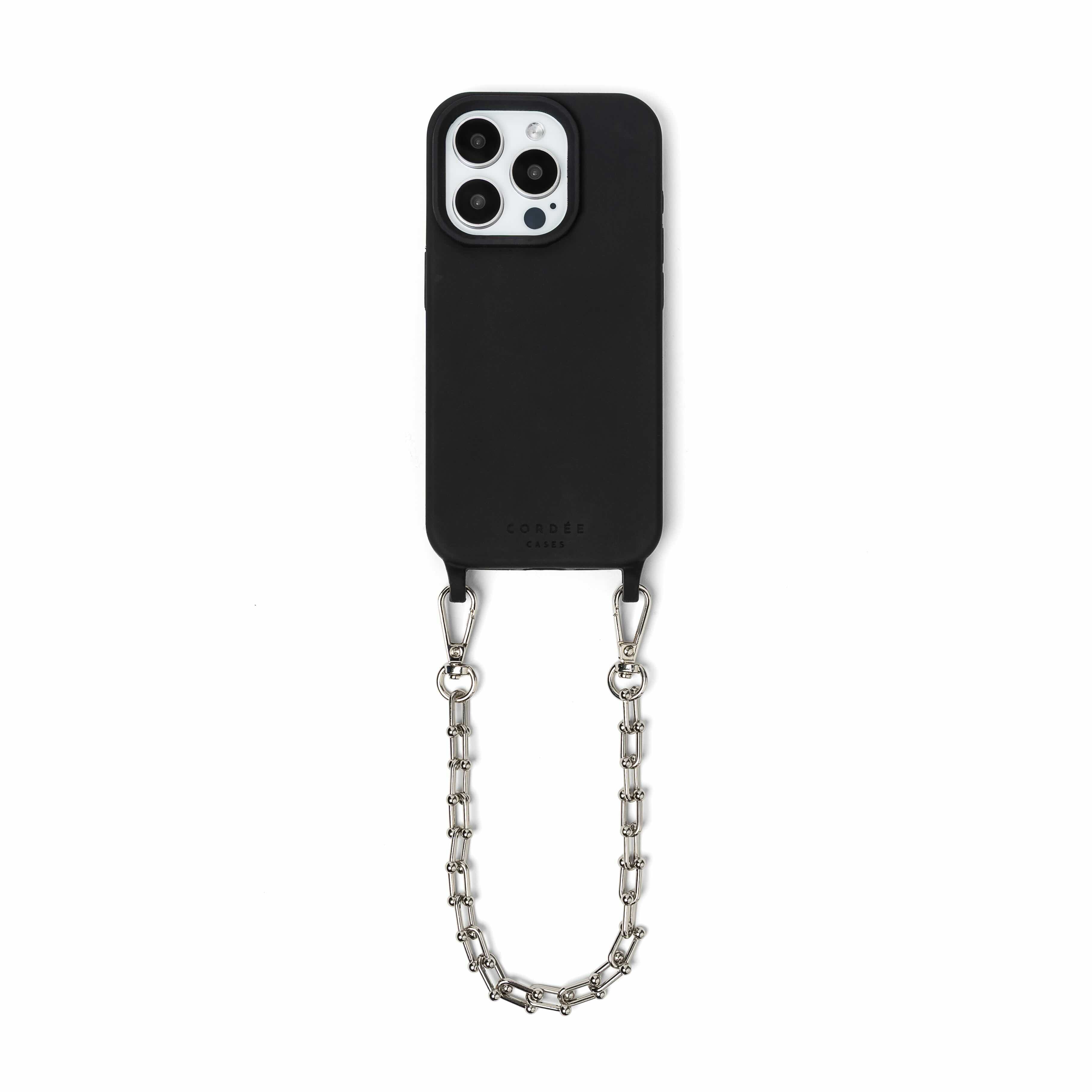 Black phone case with a chain on a white background