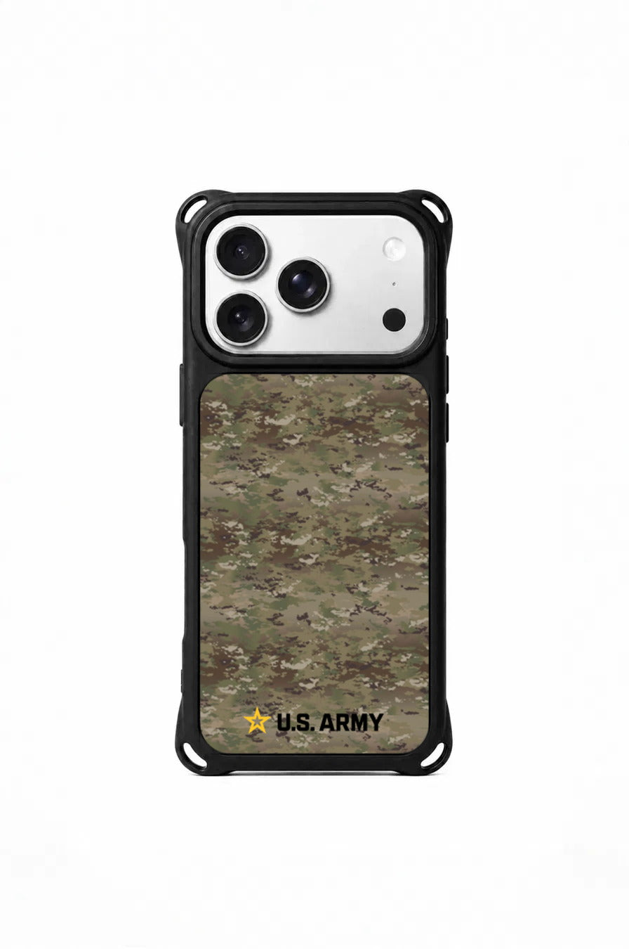 U.S. Army phone case in camouflage with gold Army Star and U.S. Army wordmark