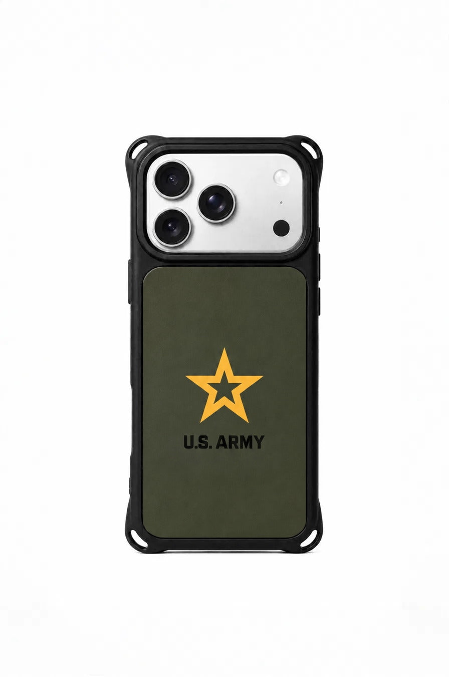 U.S. Army phone case in olive green with gold Army Star and U.S. Army wordmark