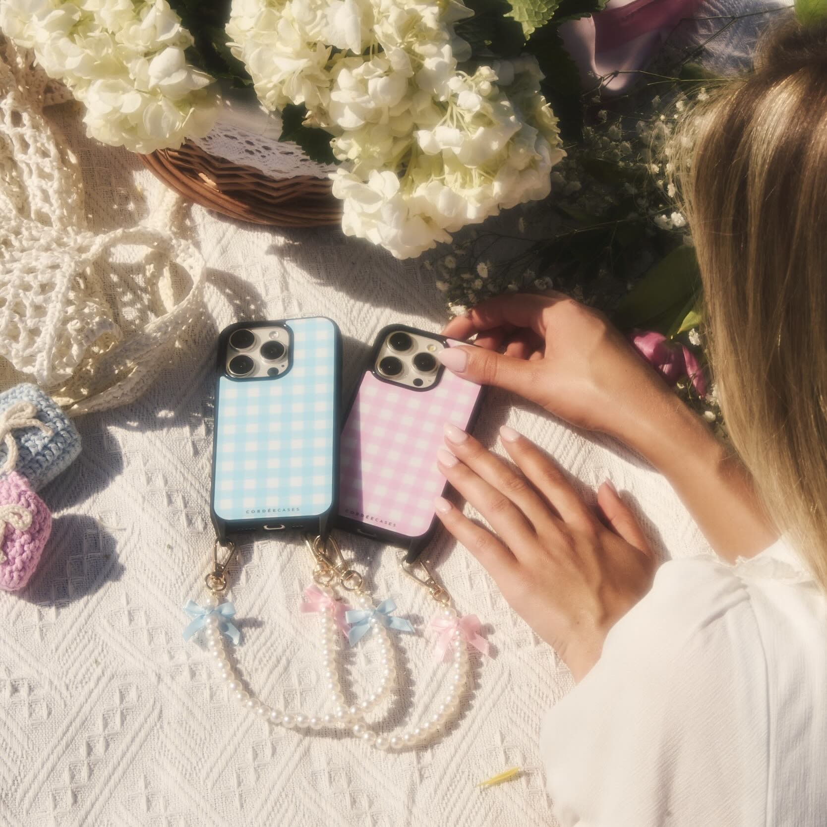 Pearl Bow Phone Wristlet Powder Blue